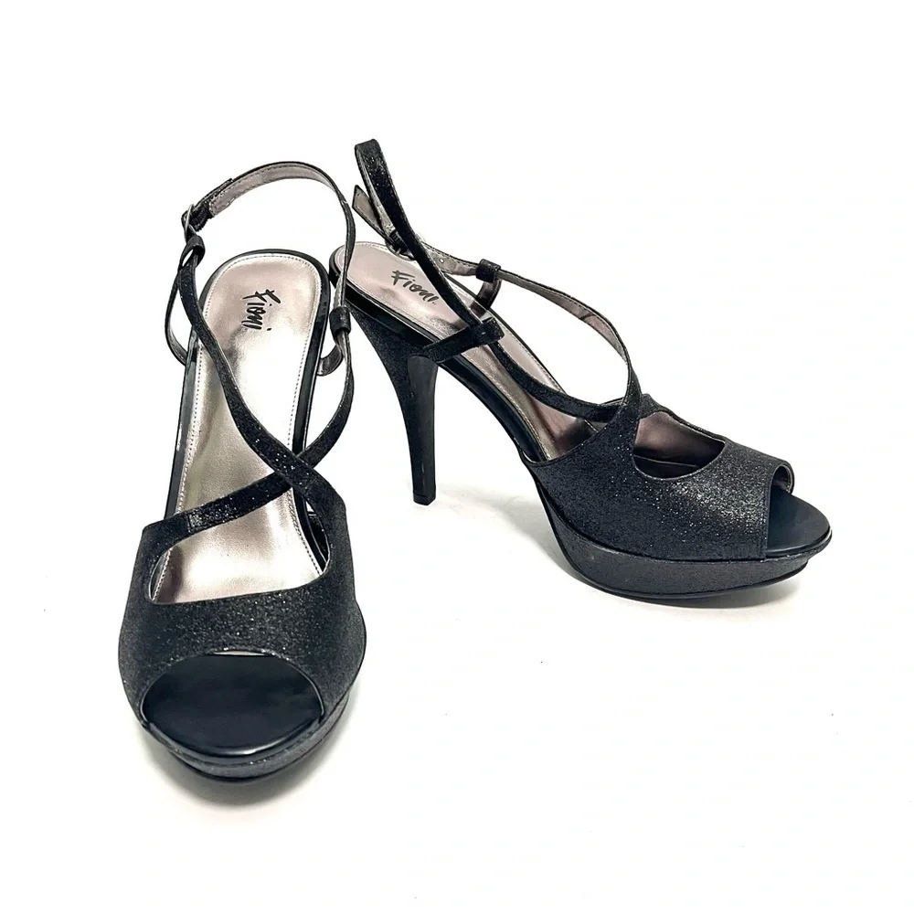 Vintage Y2K deadstock black glitter vegan leather strappy platform formal heels